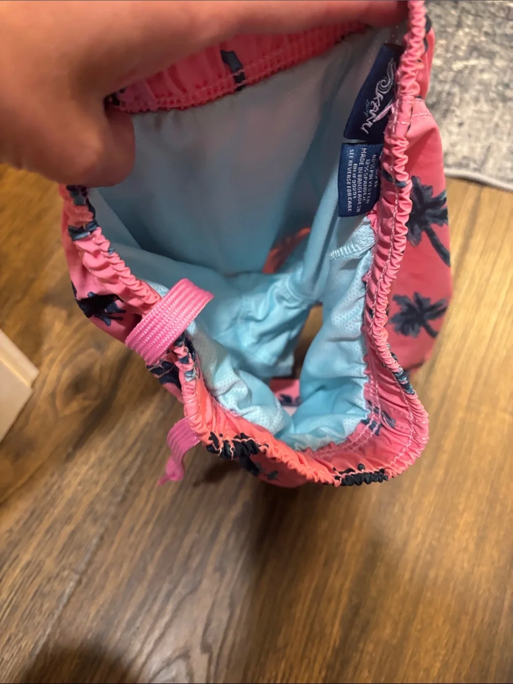 Kids' Pink Palm Print Swim Trunks
